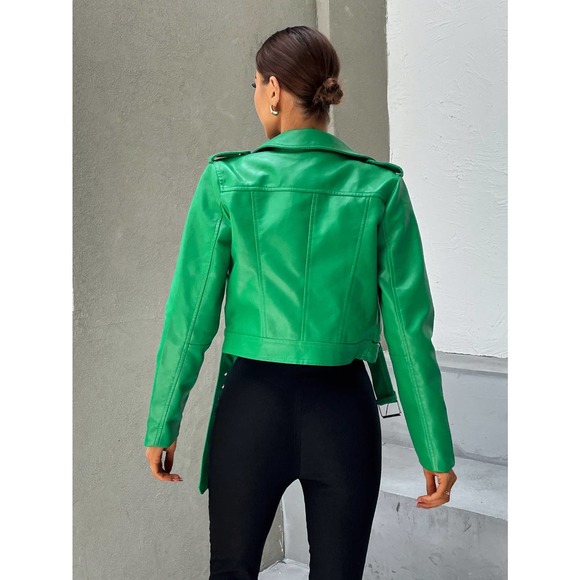 minimalist y2k baddie Zip Up Belted vegan leather Moto Jacket black - Picture 4 of 5